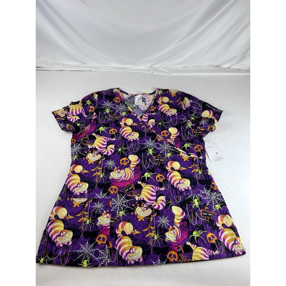 Disney Cheshire Cat - Alice Wonderland - Mock Wrap Scrub Top Halloween M
